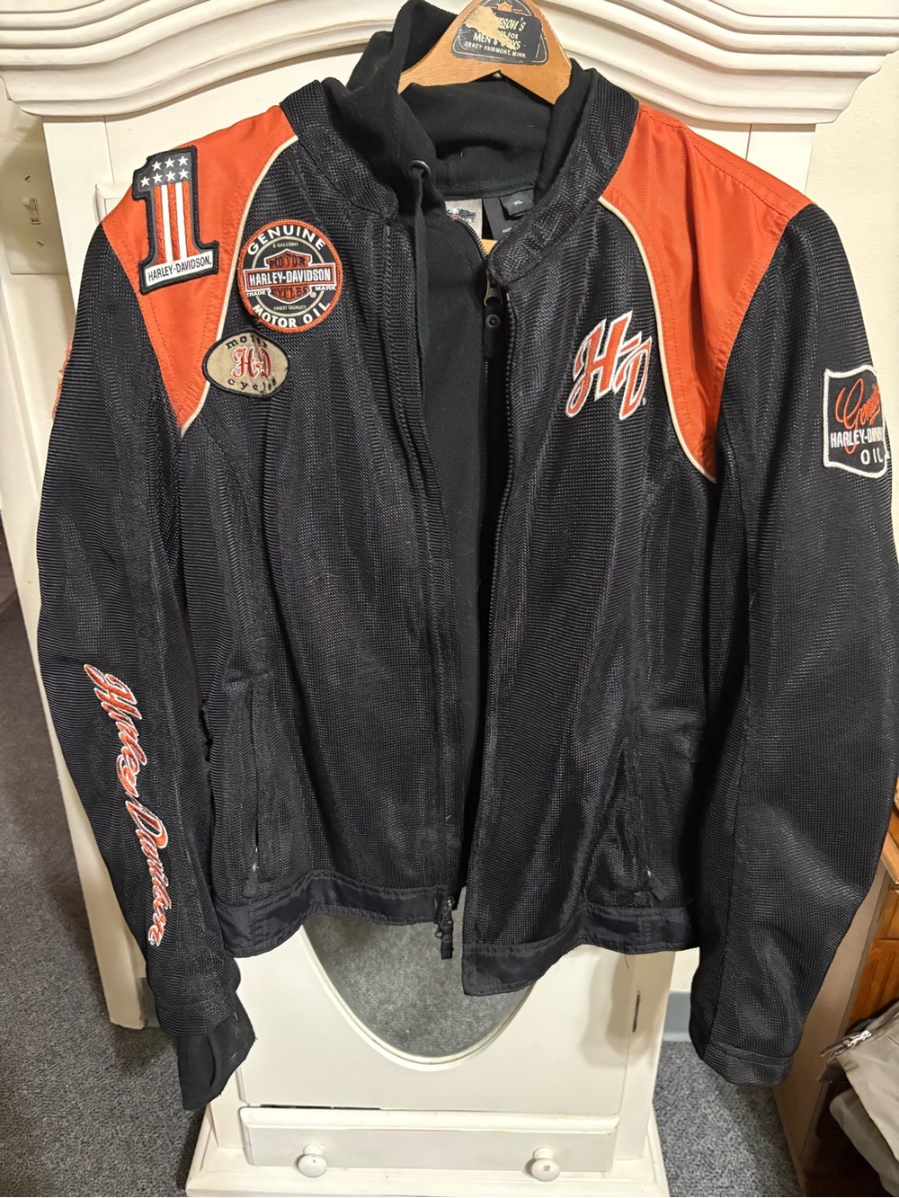 Harley-Davidson Black and Orange Men's Bomber Jacket with Logo Patches